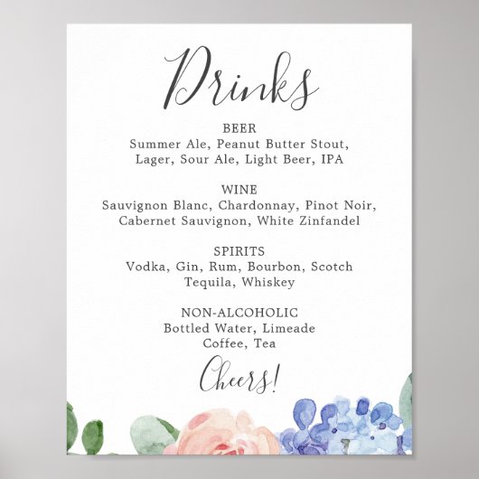 Poster Élégant Blue Hydrangea Mariage Boissons Menu Signe (Devant)