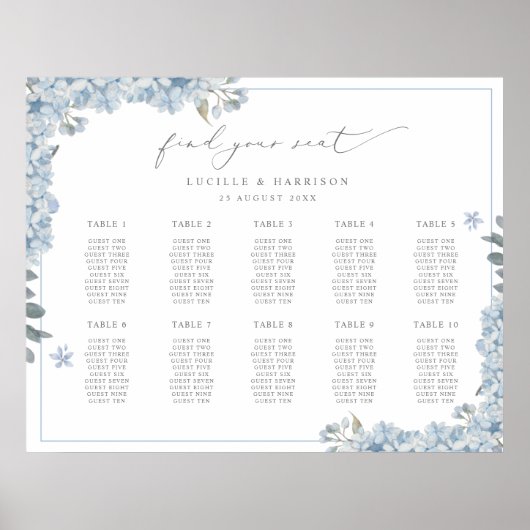 Poster Elégant Blue Hydrangeas Mariage Plan de siège (Devant)