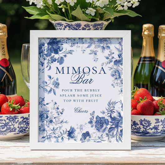 Poster Elegant Blue Toile Chinoiserie Mimosa Bar Sign