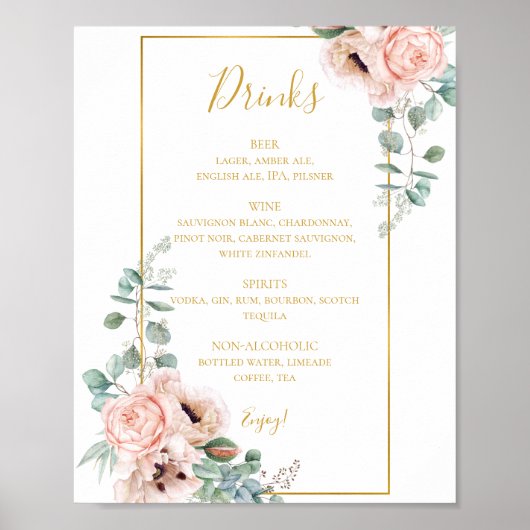 Poster Elegant Blush Floral | Wedding Drinks Menu sign (Devant)