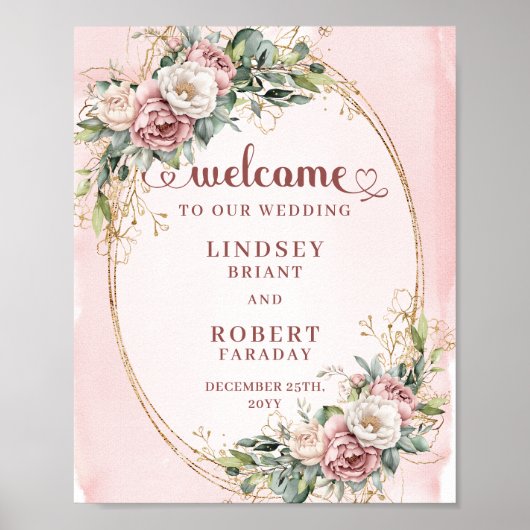Poster Elegant Blush Pink Floral Eucalyptus Gold Welcome  (Devant)