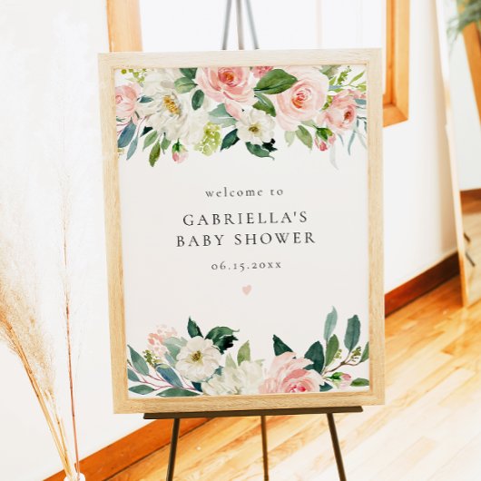 Poster Elégant Blush rose Floral Baby shower fille Bienve