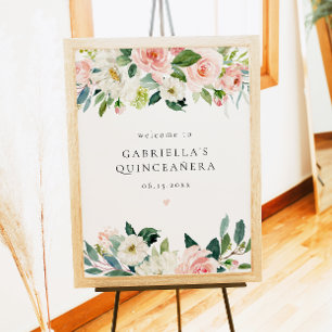 Poster Elégant Blush rose Floral Quinceañera Bienvenue