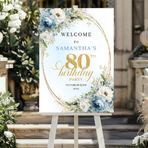 Poster Élégant bohème floral bleu poussiéreux 80e anniver