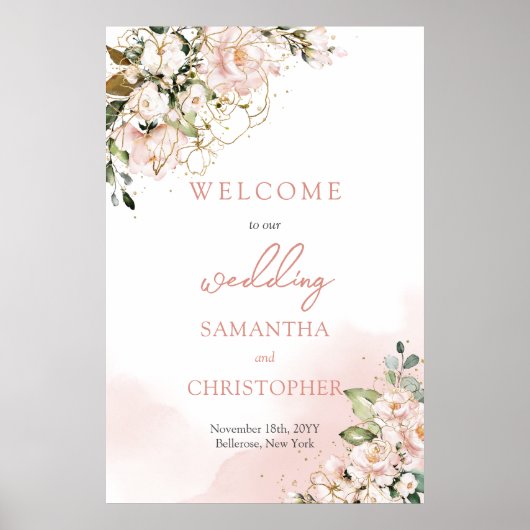 Poster Elégant boho aquarelle douce rose mariage accueil (Devant)