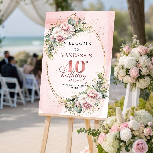 Poster Elegant Boho Dusty Pink Greenery 40th Birthday  