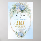 Poster Elegant Boho Hydrangeas Gold 90th Birthday Welcome (Devant)