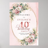 Poster Elegant Boho Rose Gold Greenery 40th Birthday  (Devant)
