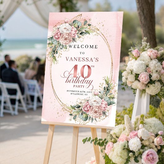 Poster Élégant Boho Rose Pâle Verdure 40e Anniversaire