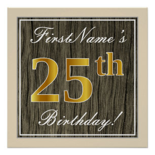 Poster Élégant, Bois Faux, Or Faux 25e Anniversaire + Nom