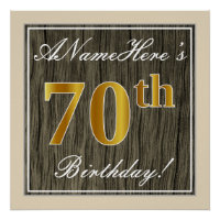 Élégant, Bois Faux, Or Faux 70e Anniversaire + Nom