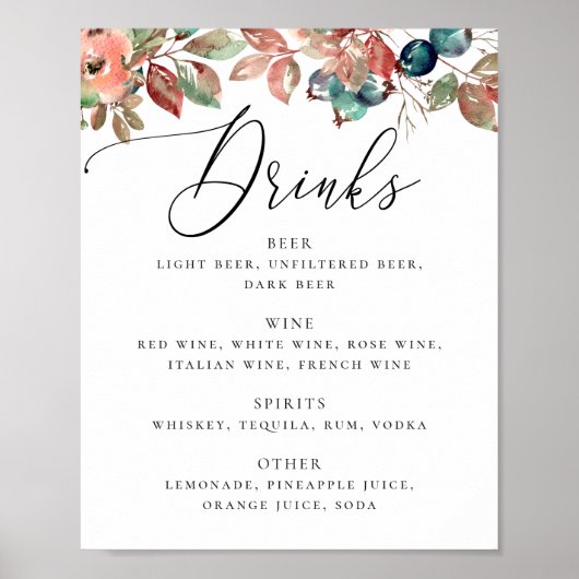 Poster Elegant Botanical Fall Wedding | Bar Drinks Menu (Devant)