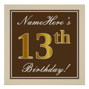 Poster Elégant, Brown, Faux Gold 13ème anniversaire + Nom