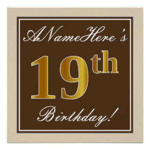 Poster Elégant, Brown, Faux Gold 19ème anniversaire + Nom