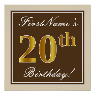 Poster Elégant, Brown, Faux Gold 20e anniversaire + Nom