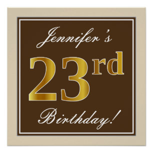 Poster Elégant, Brown, Faux Gold 23ème anniversaire + Nom
