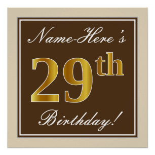 Poster Elégant, Brown, Faux Gold 29ème anniversaire + Nom