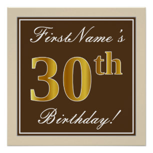 Poster Elégant, Brown, Faux Gold 30e anniversaire + Nom