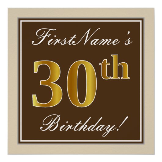 Poster Elégant, Brown, Faux Gold 30e anniversaire + Nom (Devant)