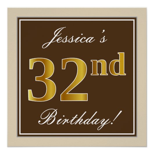 Poster Elégant, Brown, Faux Gold 32e anniversaire + Nom (Devant)