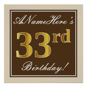 Poster Elégant, Brown, Faux Gold 33ème anniversaire + Nom