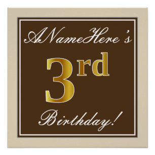 Poster Elégant, Brown, Faux Gold 3ème anniversaire + Nom