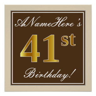 Poster Elégant, Brown, Faux Gold 41ème Anniversaire + Nom
