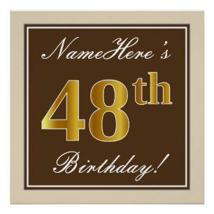 Poster Elégant, Brown, Faux Gold 48ème anniversaire + Nom