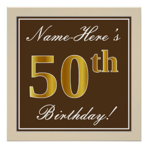 Poster Elégant, Brown, Faux Gold 50e anniversaire + Nom