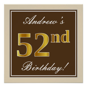 Poster Elégant, Brown, Faux Gold 52e anniversaire + Nom