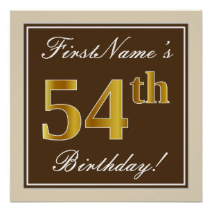 Poster Elégant, Brown, Faux Gold 54e anniversaire + Nom