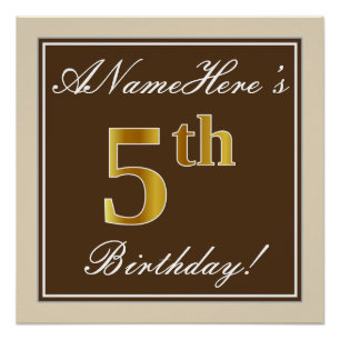 Poster Elégant, Brown, Faux Gold 5ème anniversaire + Nom