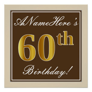 Poster Elégant, Brown, Faux Gold 60e anniversaire + Nom