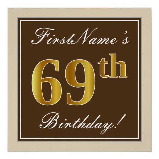 Poster Elégant, Brown, Faux Gold 69e anniversaire + Nom (Devant)