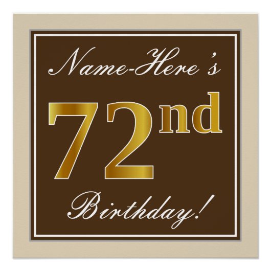 Poster Elégant, Brown, Faux Gold 72e anniversaire + Nom (Devant)