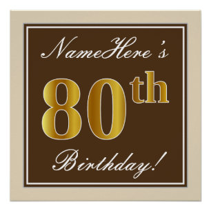 Poster Elégant, Brown, Faux Gold 80e anniversaire + Nom