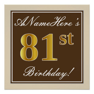 Poster Elégant, Brown, Faux Gold 81ème Anniversaire + Nom
