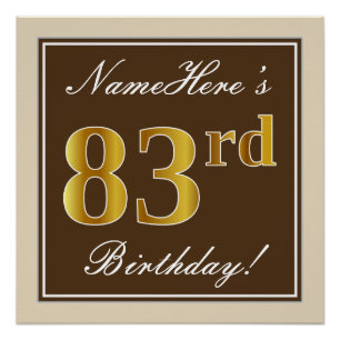 Poster Elégant, Brown, Faux Gold 83ème anniversaire + Nom