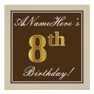Poster Elégant, Brown, Faux Gold 8ème anniversaire + Nom