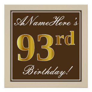 Poster Elégant, Brown, Faux Gold 93ème anniversaire + Nom