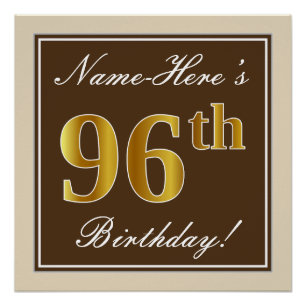Poster Elégant, Brown, Faux Gold 96ème anniversaire + Nom