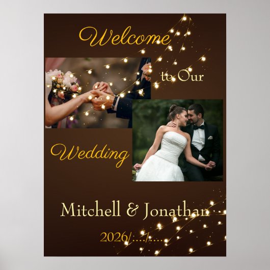 Poster Elegant Brown & Gold String Lights Wedding  (Devant)