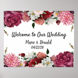 Poster Elegant Burgundy and Pink Flowers Wedding Sign