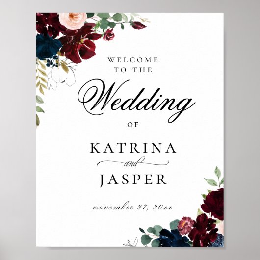 Poster Elégant Burgundy Blush Navy Floral Mariage Bienven (Devant)