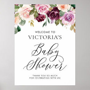 Poster Elegant Burgundy Fall Floral Baby Shower Welcome