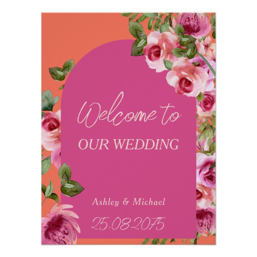 Poster Elégant cadre Arc rose et Mariage Floral Orange (Devant)