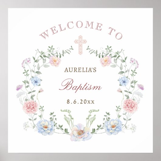 Poster Elégant cadre floral Baptême Bienvenue (Devant)