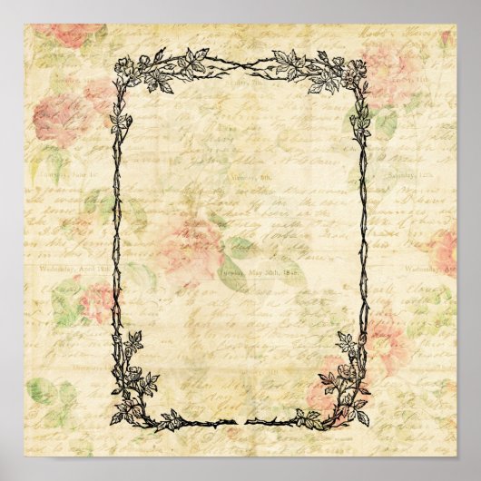 Poster Élégant cadre floral Rose de papier Script Ajouter (Devant)