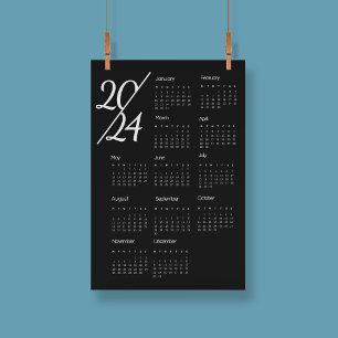 Poster Élégant Calendrier 2024 Moderne noir et blanc