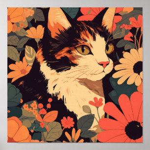 Poster Elégant Calico Chat dans Floral Garden Matte